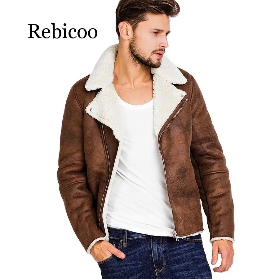 

2021 Artificial Fur Collar Faux Leather Jacket Men's Winter Brown Suede Jacket Fleece Warm Aviator Jacket Men's Jacket Pocket Si