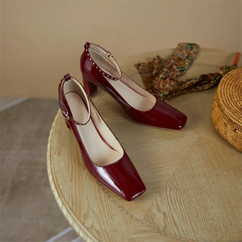 

Meotina Ankle Strap Women Shoes Cow Leather High Heel Pumps Rivet Buckle Strap Party Footwear Square Toe Thick Heels Shoes 40