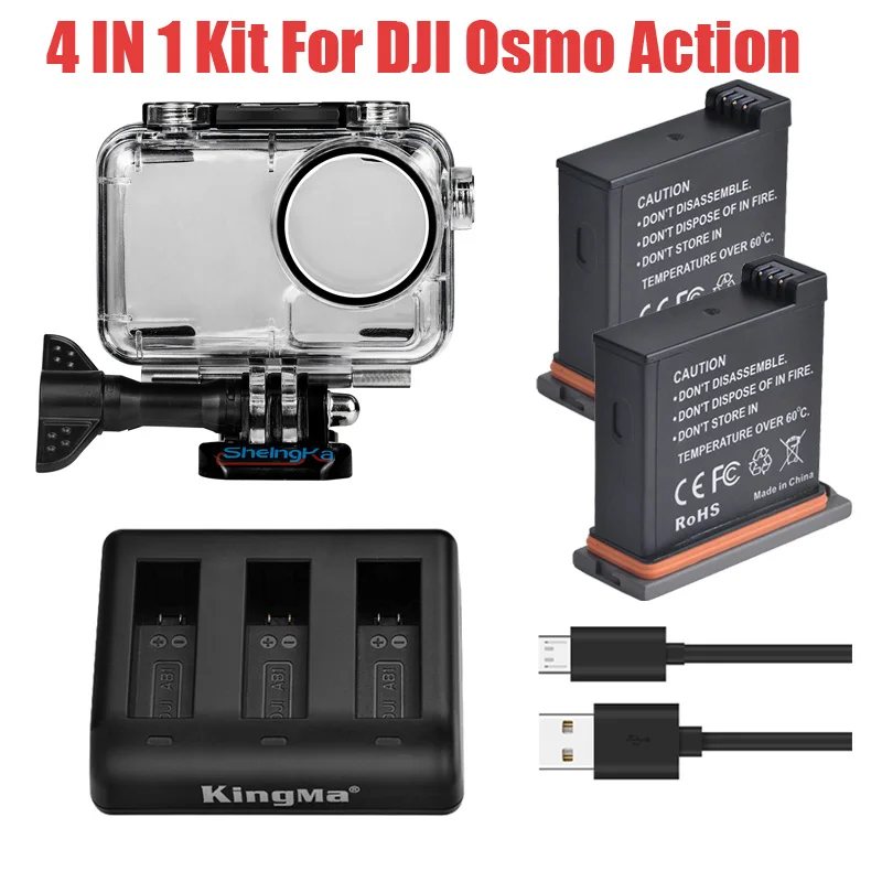 4 в 1 Набор для DJI OSMO экшн-2 шт. литиевая батарея+ 3-ходовой Зарядное устройство+ Дайвинг Водонепроницаемый с защитным чехлом для Аксессуары для самоделок