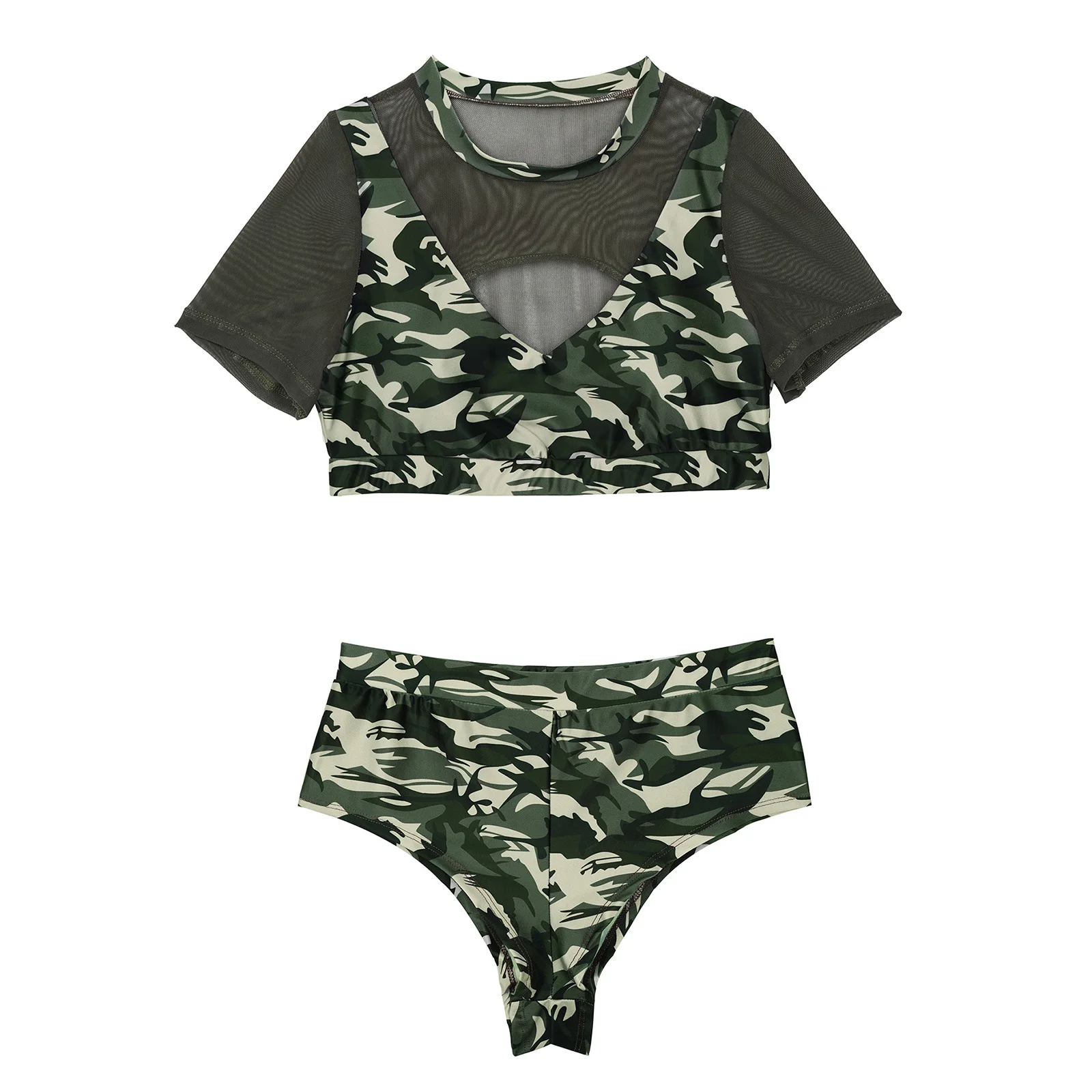 

Women Summer Sexy Camouflage Yoga Running Workout Fitness Sports Suit Tracksuit Short Sleeve Mesh Patchwork Crop Top with Shorts