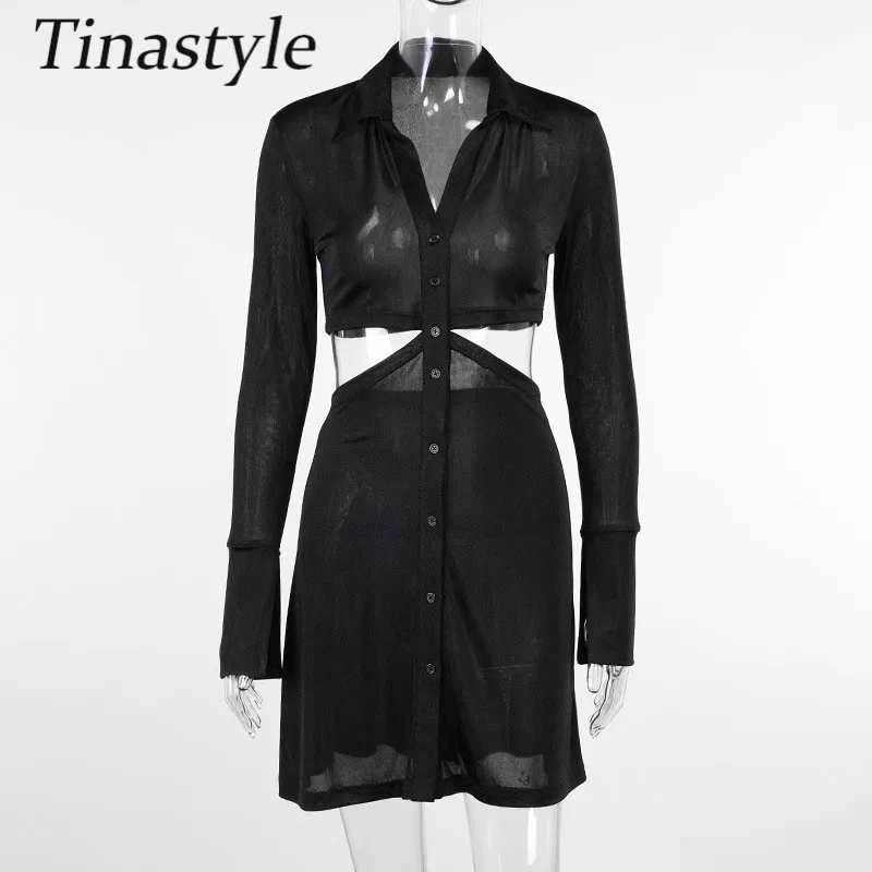 

Tinastyle Long Sleeve Buttons Shirt Dress Women Turn Down Collar Buttons Summer Dress 2021 Black Casual Party Dress Vestidos