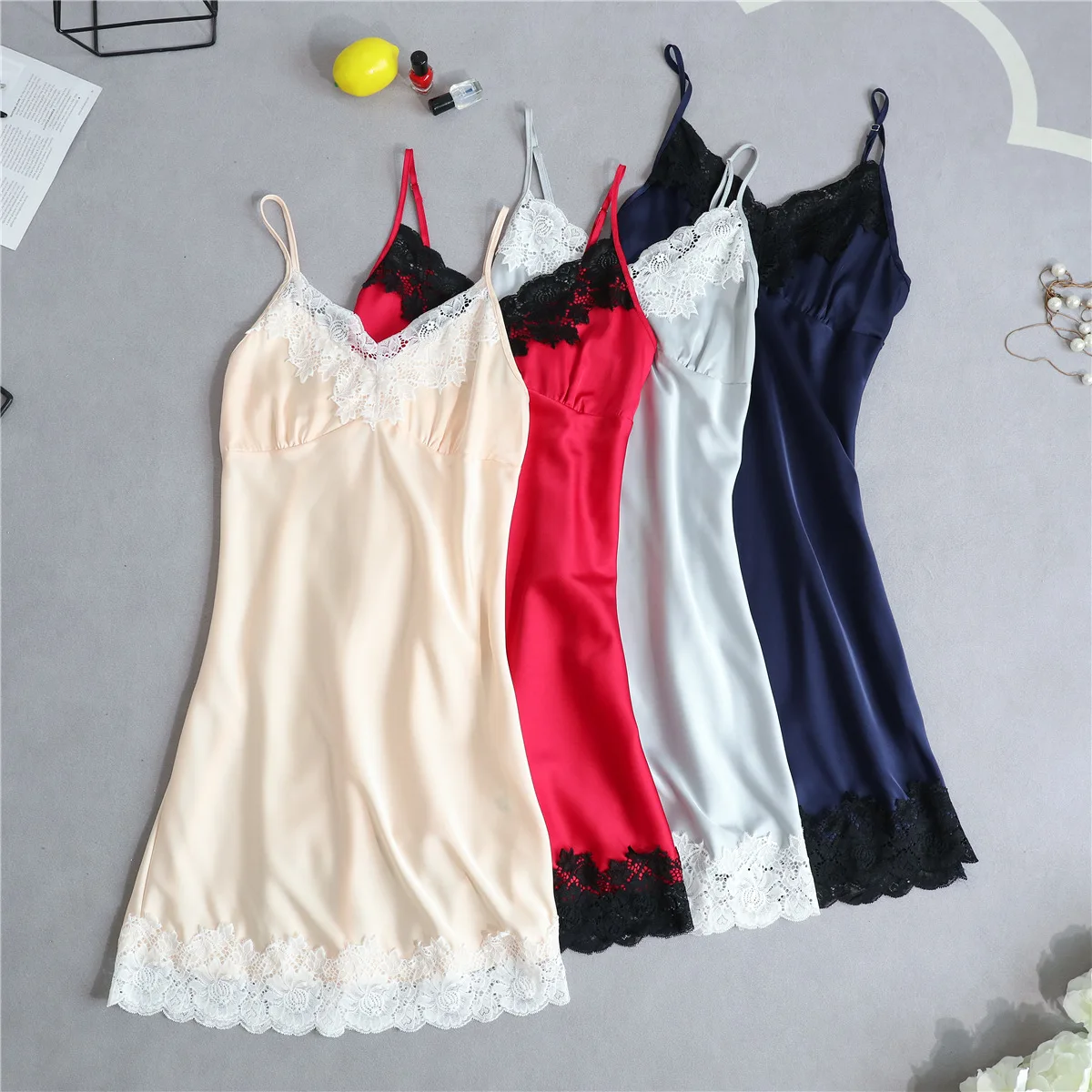 Женская ночная рубашка с v образным вырезом Сексуальная кружевная Пижама без