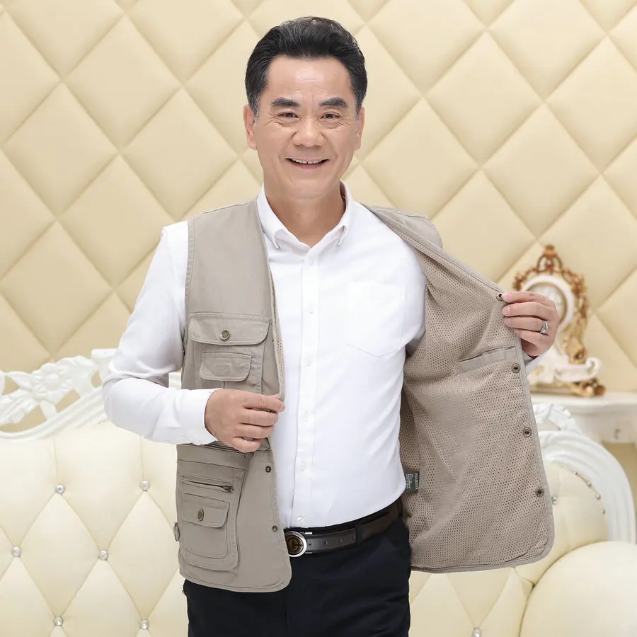 

Safari Style Men Multi Function Pockets Design Vest Spring Autumn Dark Gray Beige V-Neck Gilet Male Casual Daily Waistcoat Wear