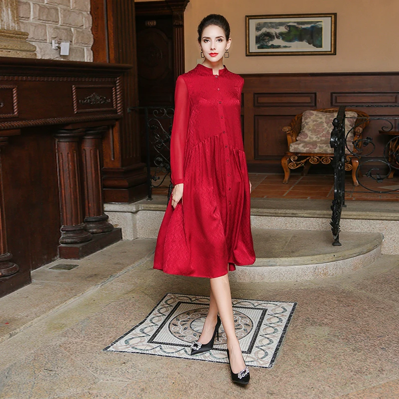 VOA Новое китайское красное шелковое жаккардовое простое платье рубашка женские