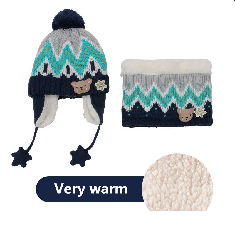 Unisex Child Beanies Cap Set Kids Cartoon Animal Design Stripe Knit Add Velvet Hat and Scarf Winter Warm Suit Set Girls Gloves