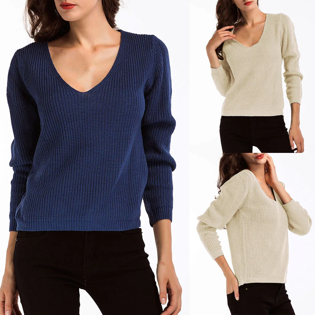 

Vogue Sexy V-neck Off Shoulder Sweater Women Nice Casual Long Sleeve Solid Pullover Female Autumn Winter Knitted Tops