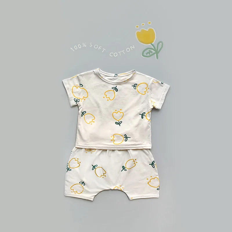 

Summer New Baby Clothes Set Toddler Baby Girl Boy Cute Flower Printed Short Sleeve Tops + Kid Cotton Casual Shorts 2pcs