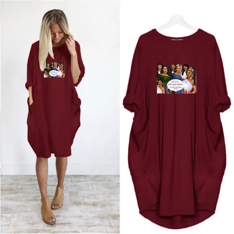 

Women Plus Size Party Dress Vintage Black Beauty Print Autumn Long Sleeve O Neck Pocket Casual Loose Female Knee Length Dresses