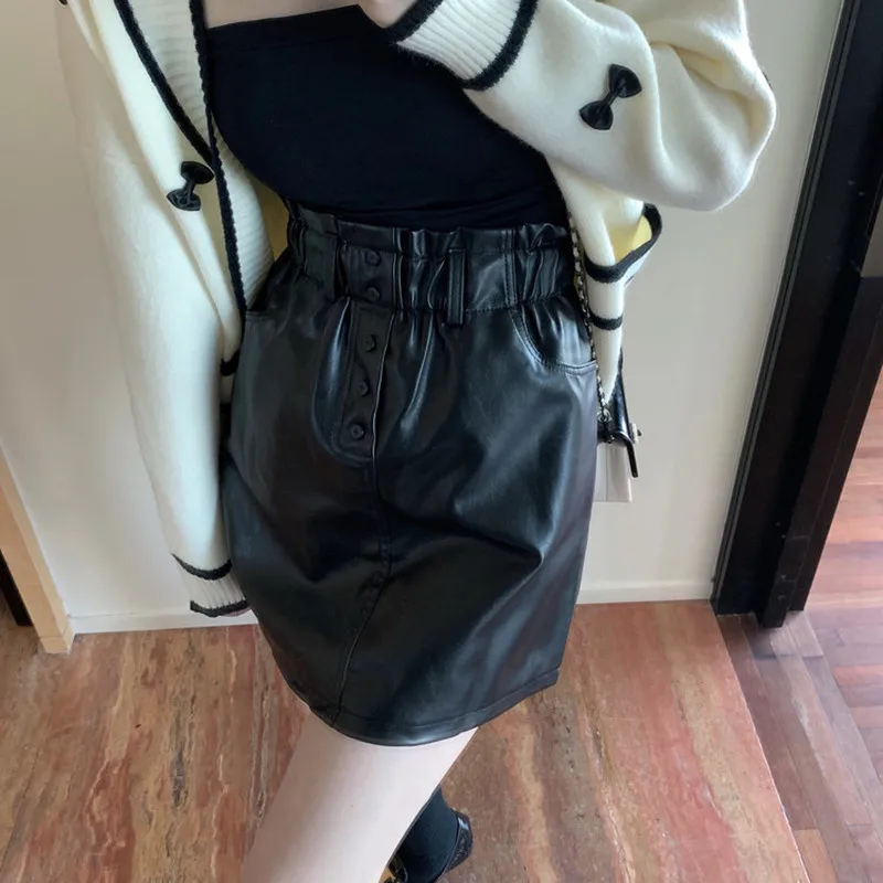 

Лидер продаж 2021, новая осенняя Женская юбка HziriP, короткая Однотонная юбка-трапеция из искусственной кожи с высокой талией, милая универсаль...