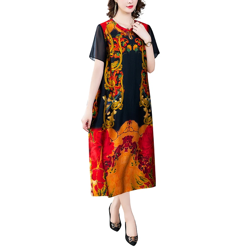 Женское винтажное платье-миди из шелка тутового шелкопряда с цветочным принтом |