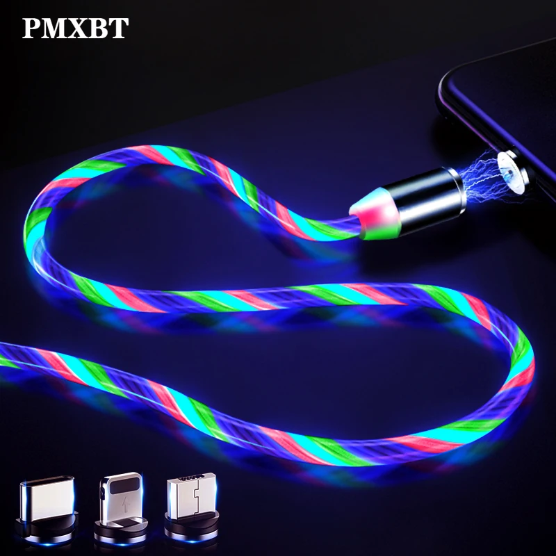 led glow flowing magnetic charger cable luminous lighting fast charging micro usb type c for iphone android phone usbc wire cord free global shipping