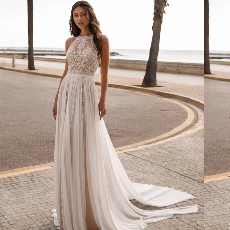 

Bohemian Wedding Dress 2021 Vintage Sleeveless Backless Sweep Train Gorgeous Floor Length Robe De Mariee Low Back Charming