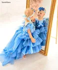 Новое милое синее Тюлевое платье на первый день рождения для маленьких девочек кружевное платье с аппликацией и круглым вырезом для девочек с цветами Одежда для младенцев