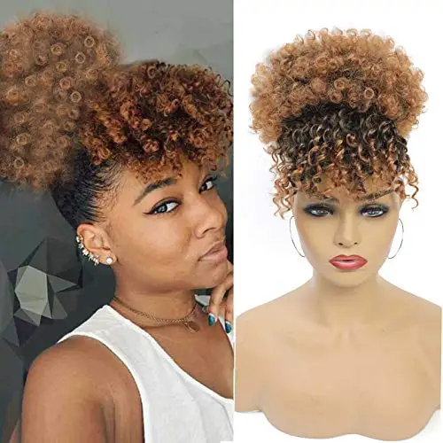 

Kong&Li High Puff Afro Kinky Curly Synthetic Ponytail with Bangs Ponytail Hair Extension Drawstring Short Afro Pony Tail Clip