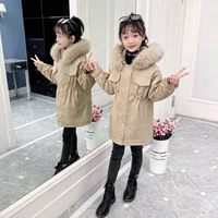winter polyester girls send to overcome mid length korean version plus velvet thick solid color jacket casual childrens clothing