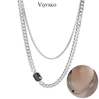 ins black gemstones pendant necklace for women gift christmas stainless steel double layer sweater chain choker party jewelry