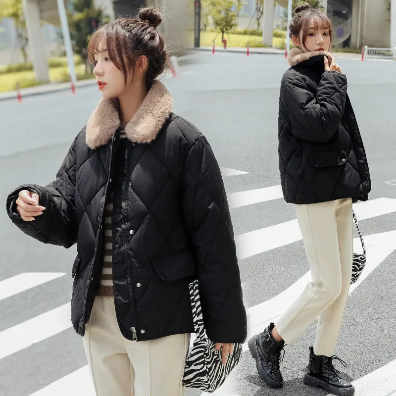 

Imitate Lamb Wool Lapel Women Winter Jacket 2021 Fashion New Padded Warm Short Coat Feather Cotton Loose Plus Size Women Parkas