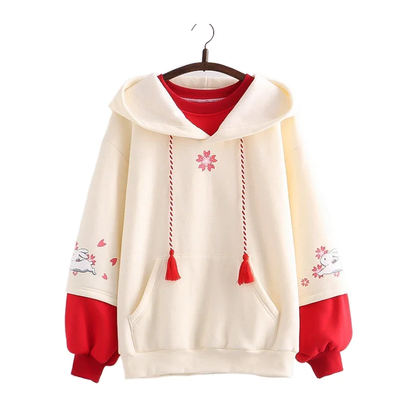 Winter 2022 New Rabbit Print Plus Velvet Thick Straight Hoodies Women's Sweatshirt Hooded Harajuku Pullovers 23104