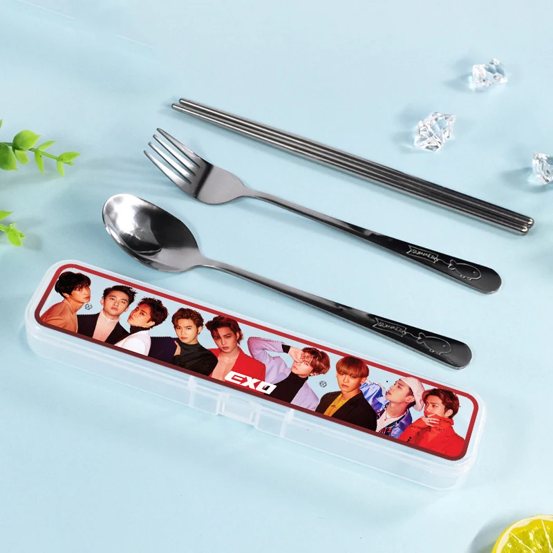 EXO-3 Kpop EXO, палочки для еды из нержавеющей стали, вилки, ложки, коробка, портативный набор посуды для путешествий, K-pop EXO, коллекция вентиляторов, подарки, Прямая поставка - Цвет: EXO-3