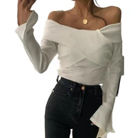 women sexy new off shoulder tops knitted shoulder baring sexy pullover slash neck bell sleeve slim fit ladies party streetwear