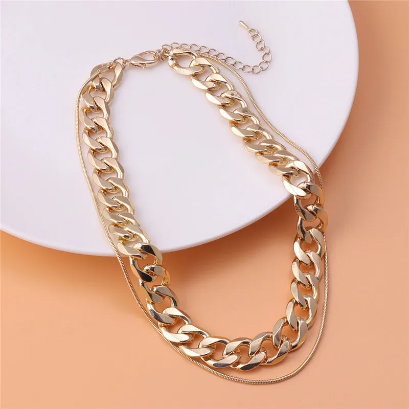

Korean Simple Women Necklace Alloy Double Snake Link & Cuban Chain Elegant Ladies Chain Fine Gift Jewelry