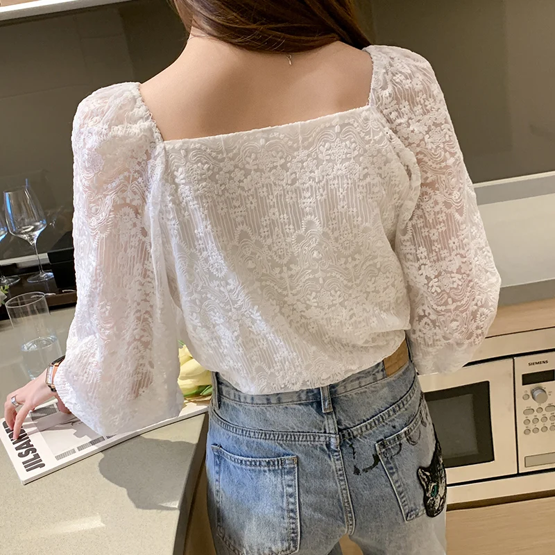 

New Autumn Spring Shirt Women Lace Blouse Long Sleeve Elegant Female Fashion Ladies Shirt Tops