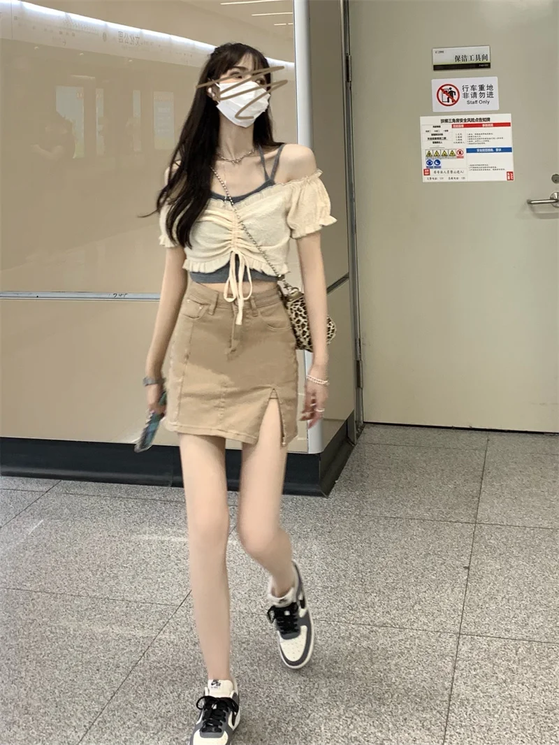 

Pure Style Suit Skirt Summer Hanging Neck Small Suspender Vest Three Piece Suit Blouse Women's Skirt Hot Girl Half Skirt Short