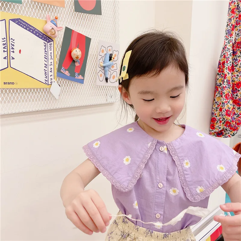 

2021 Summer New Girls Blouse Floral Cotton Short Sleeve Turn Down Collar Clothes