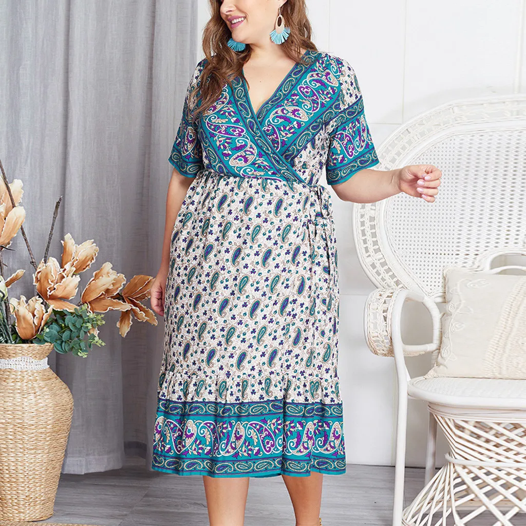 Женское платье с цветочным принтом коротким рукавом и v-образным вырезом большие