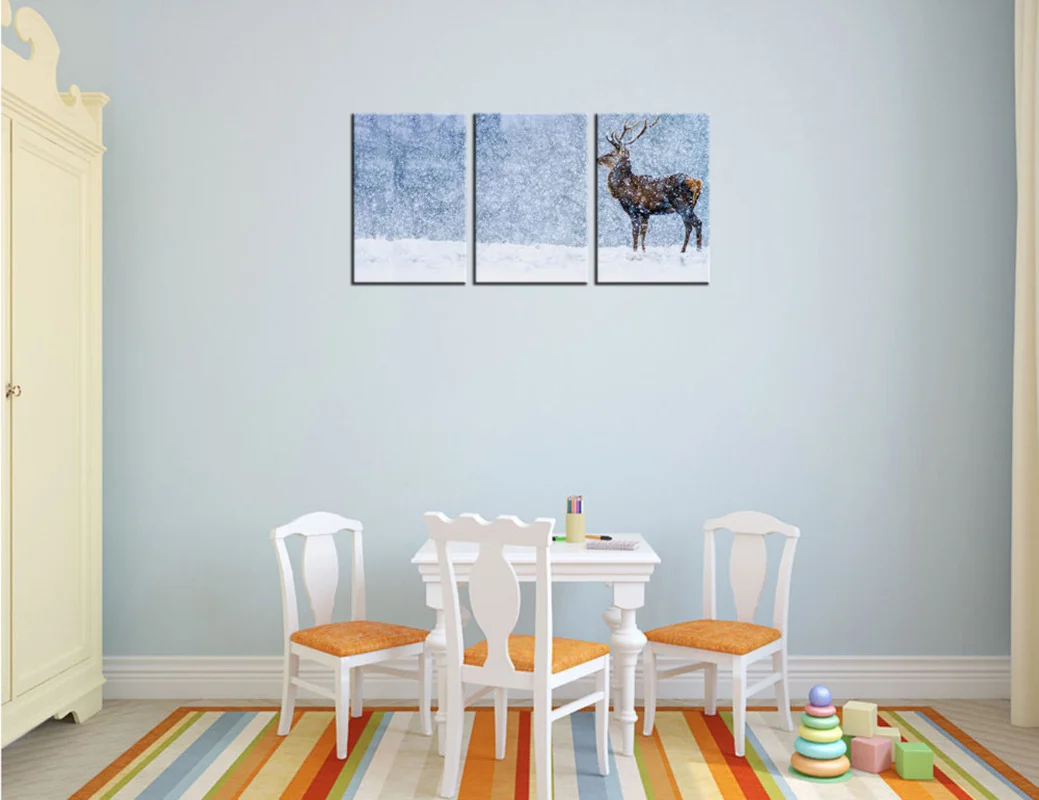

3 Pieces Poster on The Wall Deer Walking In Snow Canvas Home Decor Poster Wildlife In Winter HD Painting for Room Decoration