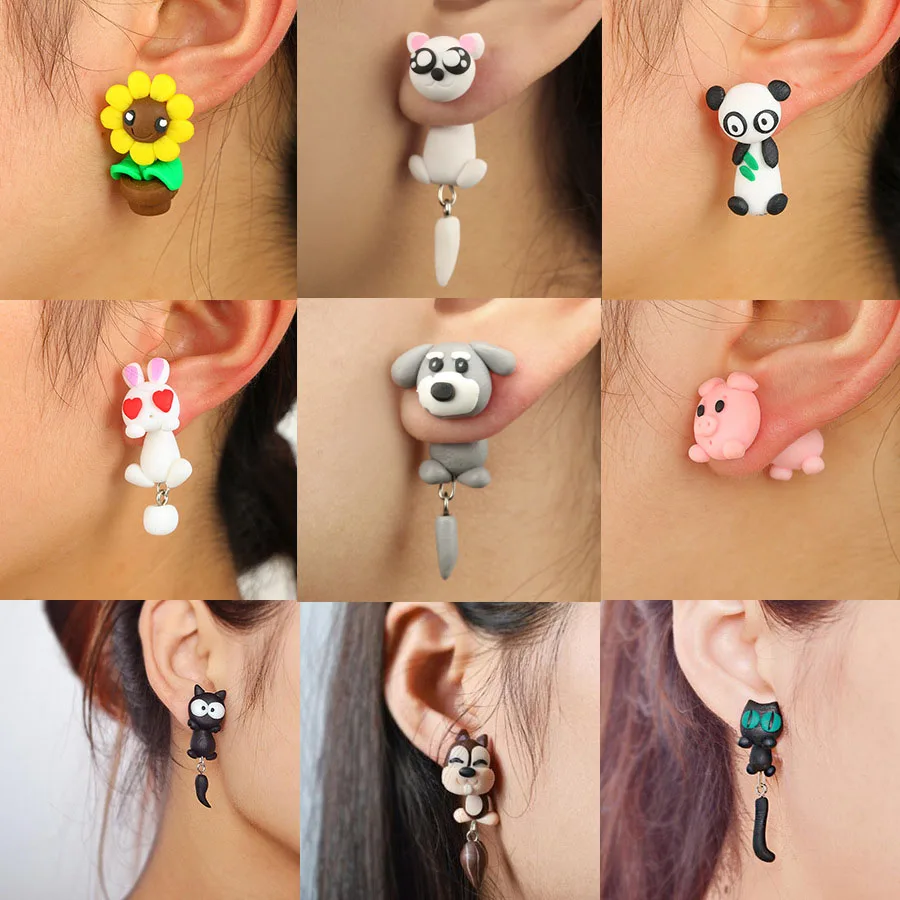 

Handmade Polymer Clay Animal Stud Earrings For Women Cute 3D Cartoon Colorful Jewelry Lovely Flower Panda Pig Dog Cat Stitch