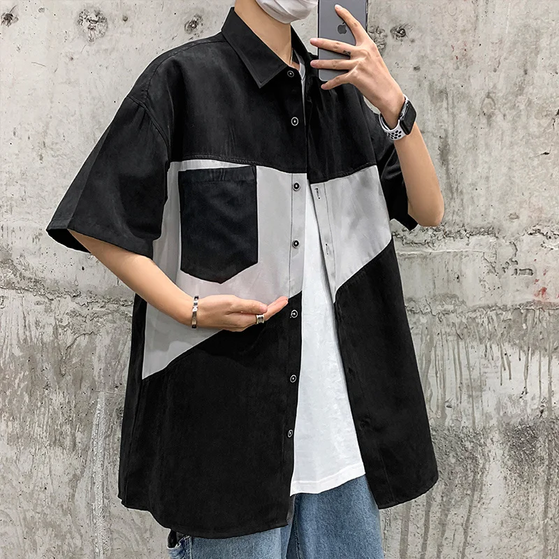 

Summer 2021 Shirts Men Loose Casual Mens Shirt Patchwork Short Sleeve Shirts Man