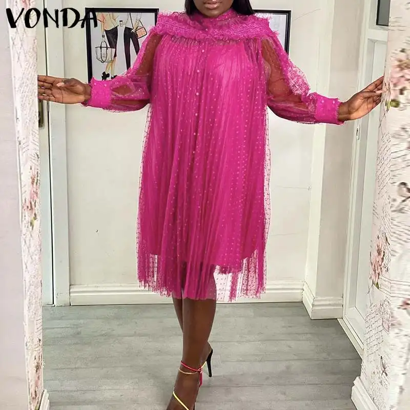 

VONDA осеннее однотонное платье с воротником-стойкой, женские платья длиной до колен, Vestidos с подкладкой, свободный сарафан, праздничные халаты