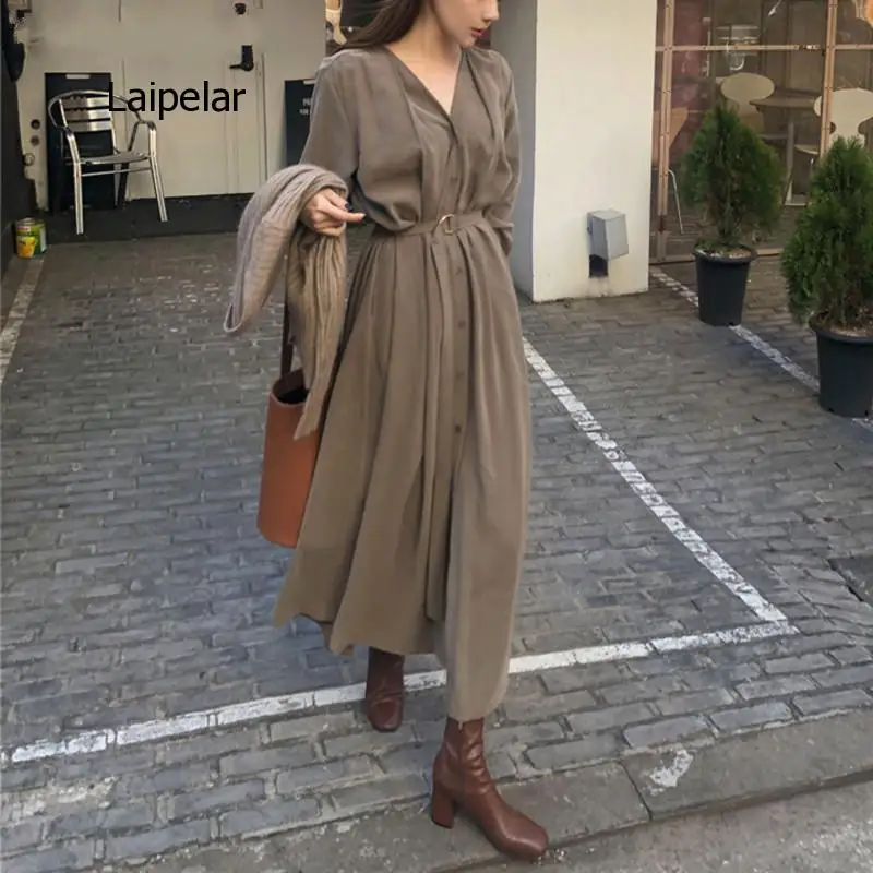 

Single-Breasted Female Long Dress 2021 Spring Elegant Long Sleeve Belted Women Dress Straight Loose Vestidos