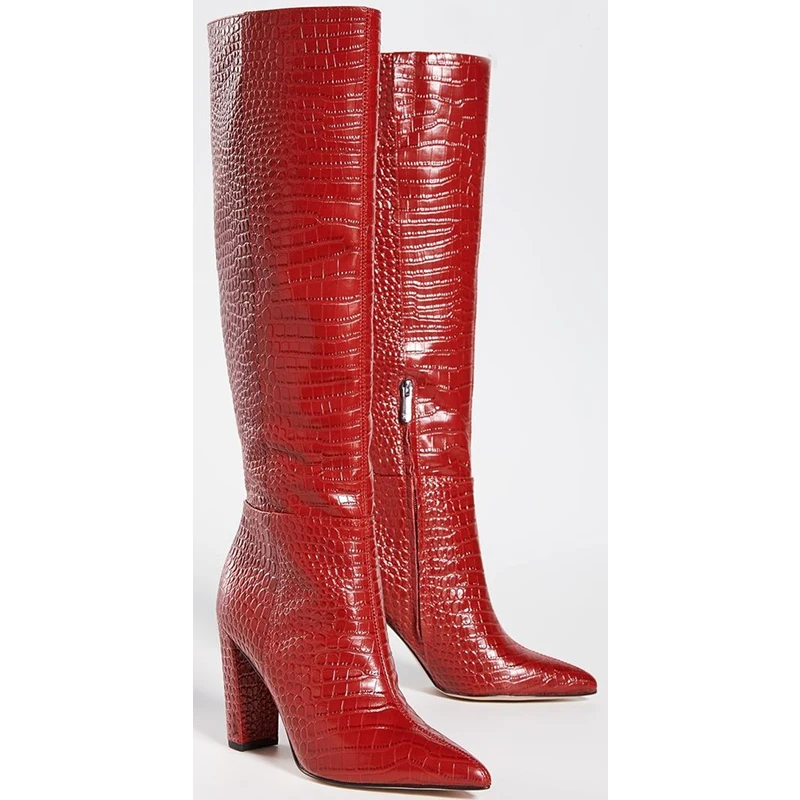 Модные красные ботинки из коровьего материала на массивном каблуке с острым