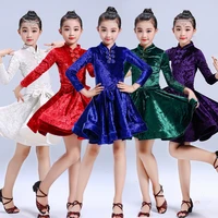 latin dance velvet dress for girls kids sambasalsaballroom dress long sleeve stand collar performance show clothes