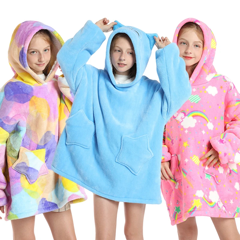 

Sherpa Blanket With Sleeve Children Oversized Hoodie Sweatshirt Winter Fleece TV Blanket Kids Warm Pullovers Boys Girls Clothes