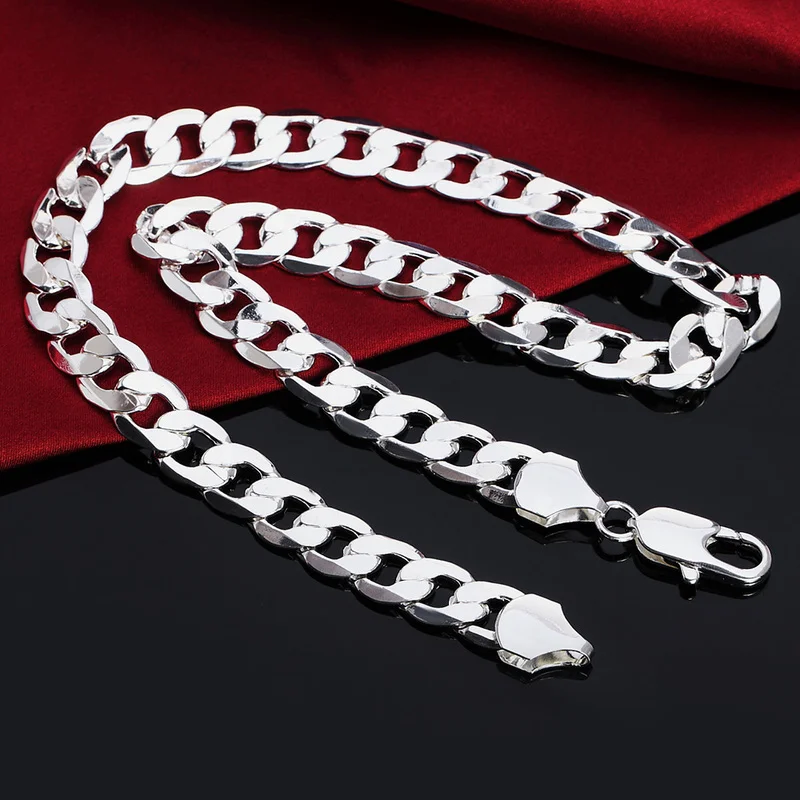 

Classic 925 Sterling Silver 18-30 Inch 12 Mm Rock Hip Hop Flat Side Necklace Ladies Men Fashion Wedding Pendant Jewelry
