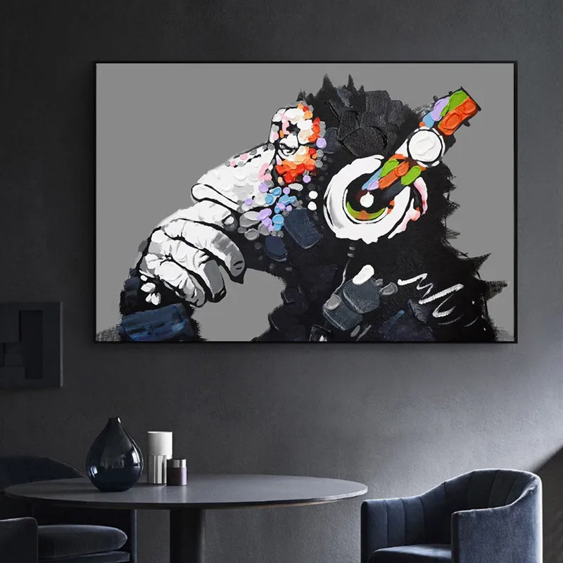 

Modern Funny Thinking Monkey With Headset Watercolour Art Prints Oil Painting On Canvas Wall Picture For Living Room Decoration