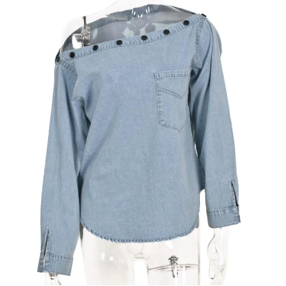 

Elegant Blouse Women Casual Vintage Sexy Off the Shoulder Denim Shirts For Women 2022