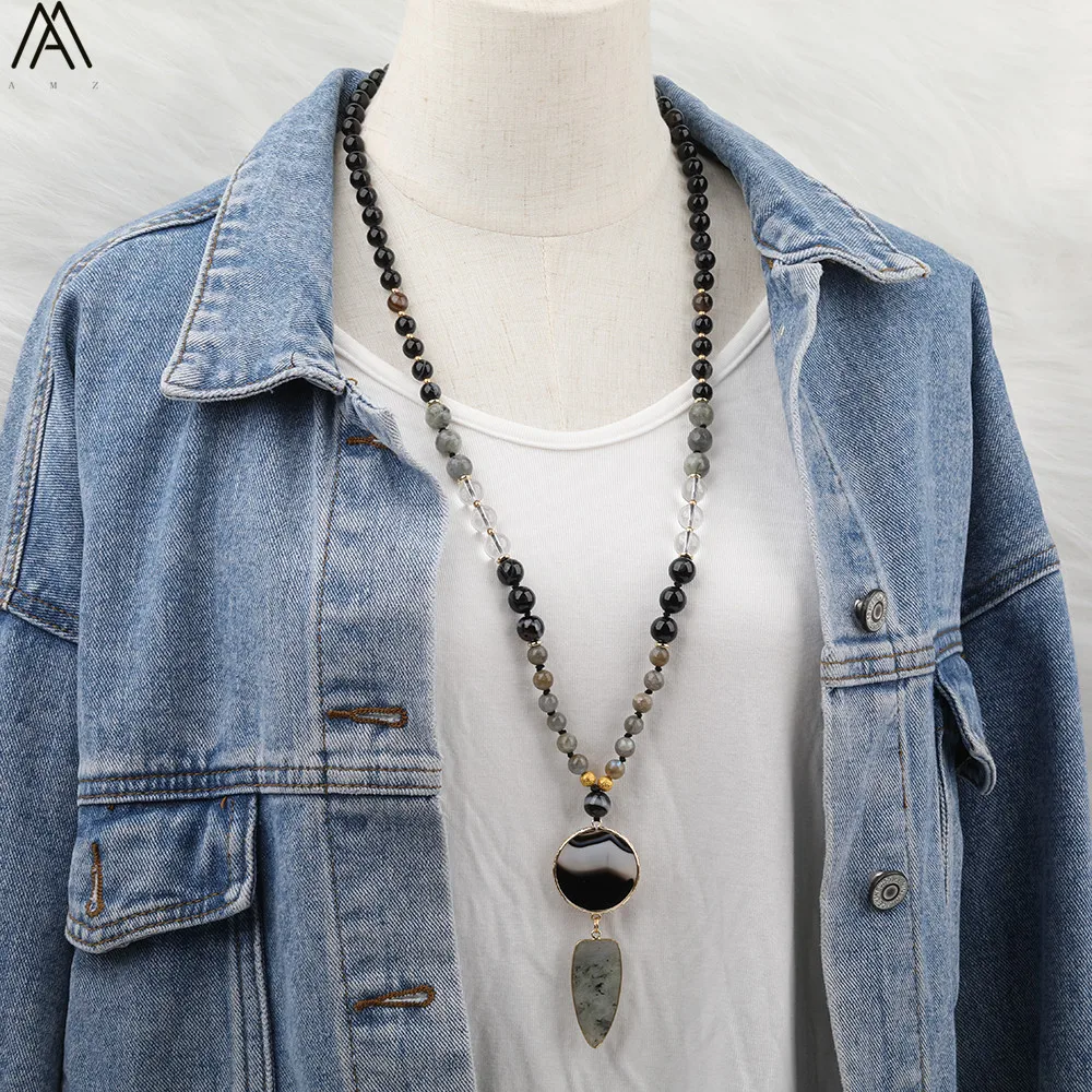 

Natural Black Agates Labradorite Stone Pendant 8mm Black Agates Crystal Beads Knot Handmade Necklace Long 32 Inch N0538AMDA