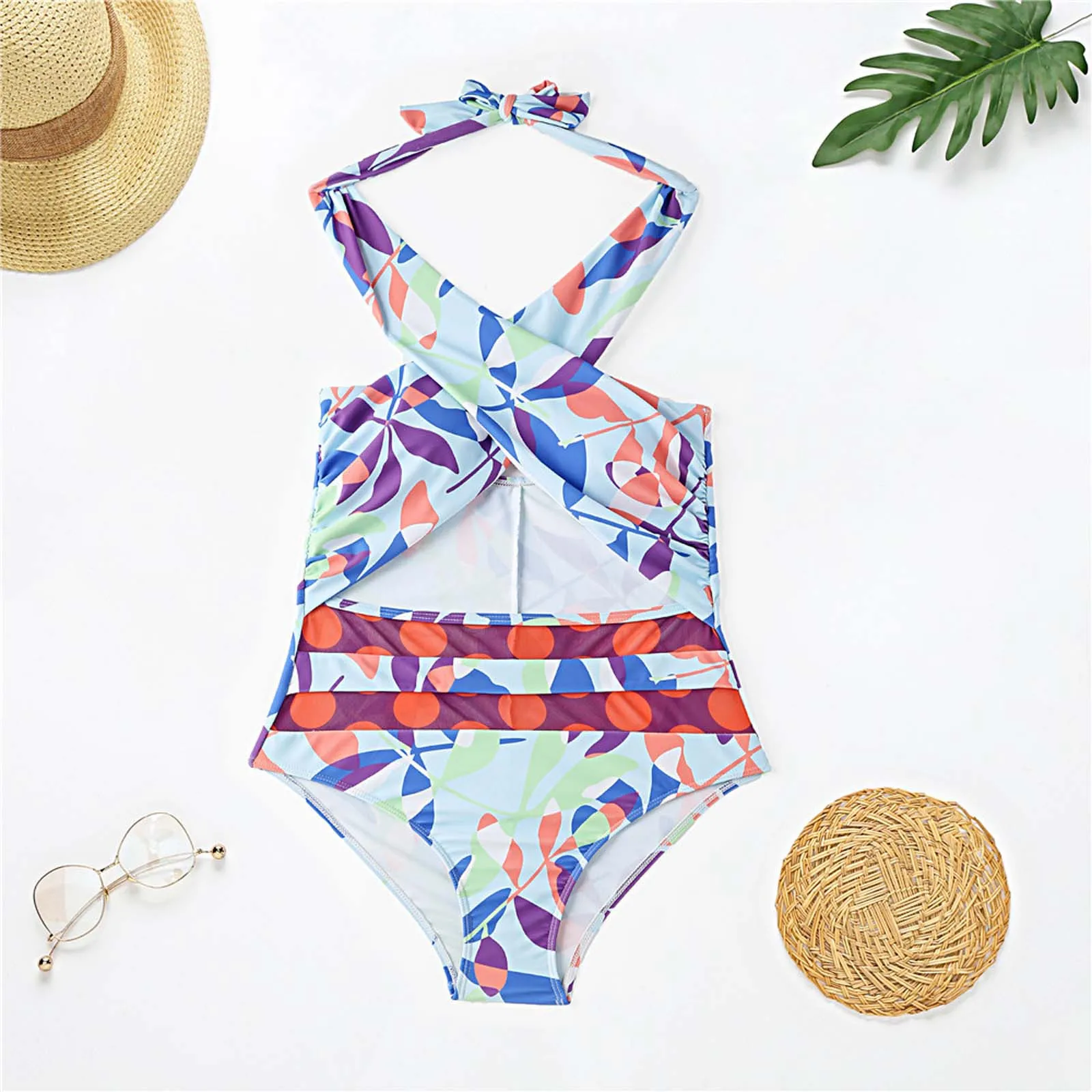 

Women's Fashion Sexy Skinny Halter Neck Strap Printed One-Piece Swimsuit 2021 swimwear women