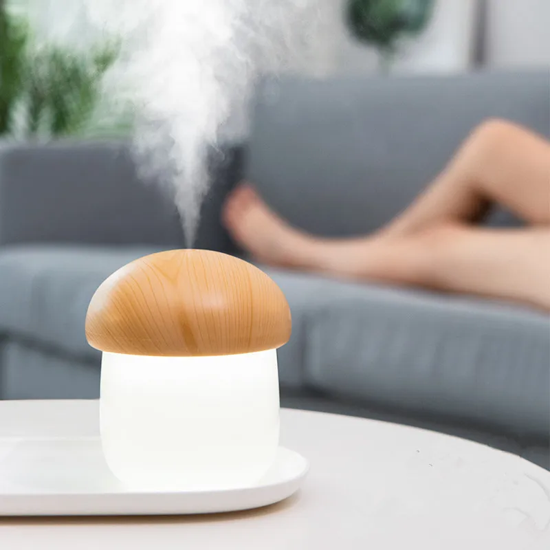 

Wood Grain Mushroom Humidifier Ultrasonic Air Cool Mist Maker USB Car Aroma Essential Oil Diffusers Humidifiers with Warm Light