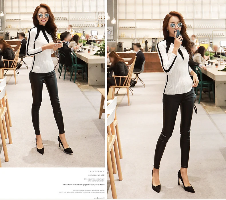 

Autumn winter Hit color Patchwork Turtleneck Long Sleeve Casual Stretch Top Female 2020 Korea New fashion Knit Sweater
