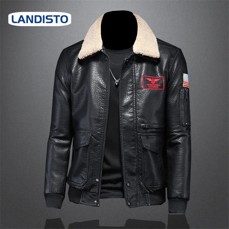 LANDISTO плюс бархатная мужская куртка Толстая кожаная PU одежда бейдж с вышивкой в