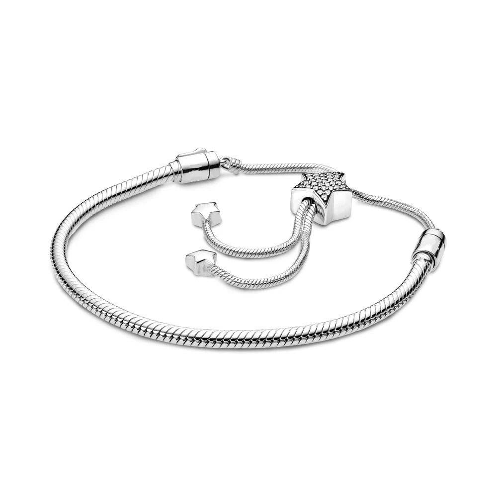 

2019 NEW 100% 925 Sterling Silver Moments Pave Star and Snake Chain Sliding Bracelet Fit Women Original Fashion DIY Jewelry Gift