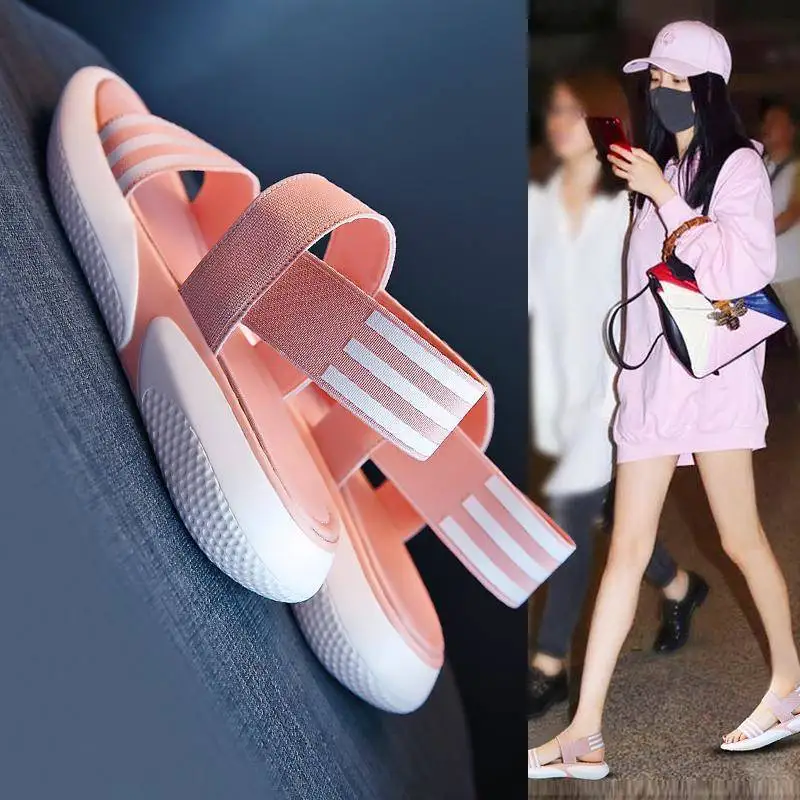 

Fashionable breathable sandals pink elastic belt thick bottom sponge cake women's shoes 2021 new fish mouth flat shoes 35-40