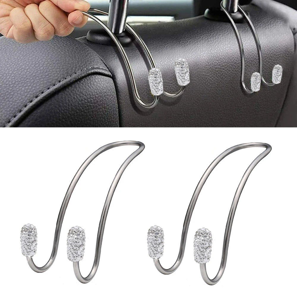 

2x Car Bling Rhinestone Crystal Back Seat Hook Handbag Headrest Hanger Holder Stainless Steel Accessories For Car SUV Van Truck