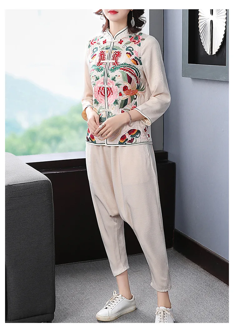 

New spring Chinese style pattern Embroidered long-sleeved+loosen long section pant trousers two-pieces set suit for women