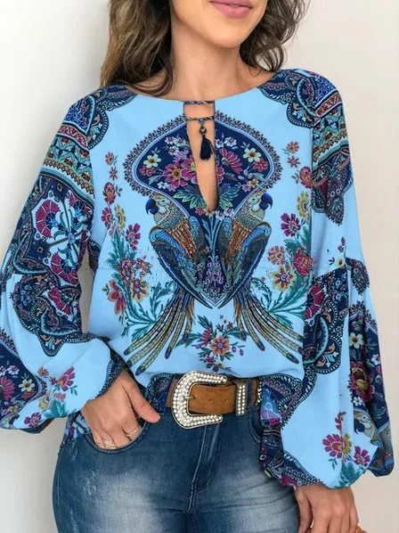 

2020 Autumn New Women's Cool Women's Digital Printing round Neck Lantern Sleeve Shirt Womens Tops and Blouses